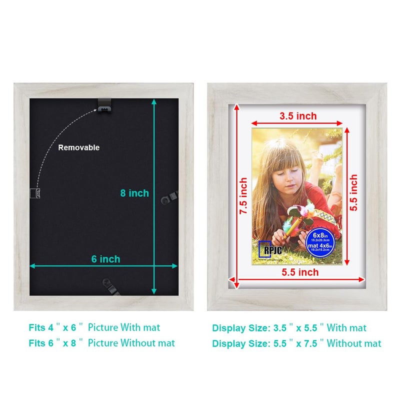 RPJC 6x8 inch Picture Frame Made of Solid Wood and High Definition Glass Display Pictures 4x6 with Mat or 6x8 Without Mat for Wall Mounting Photo Frame Rustic White - Image 4